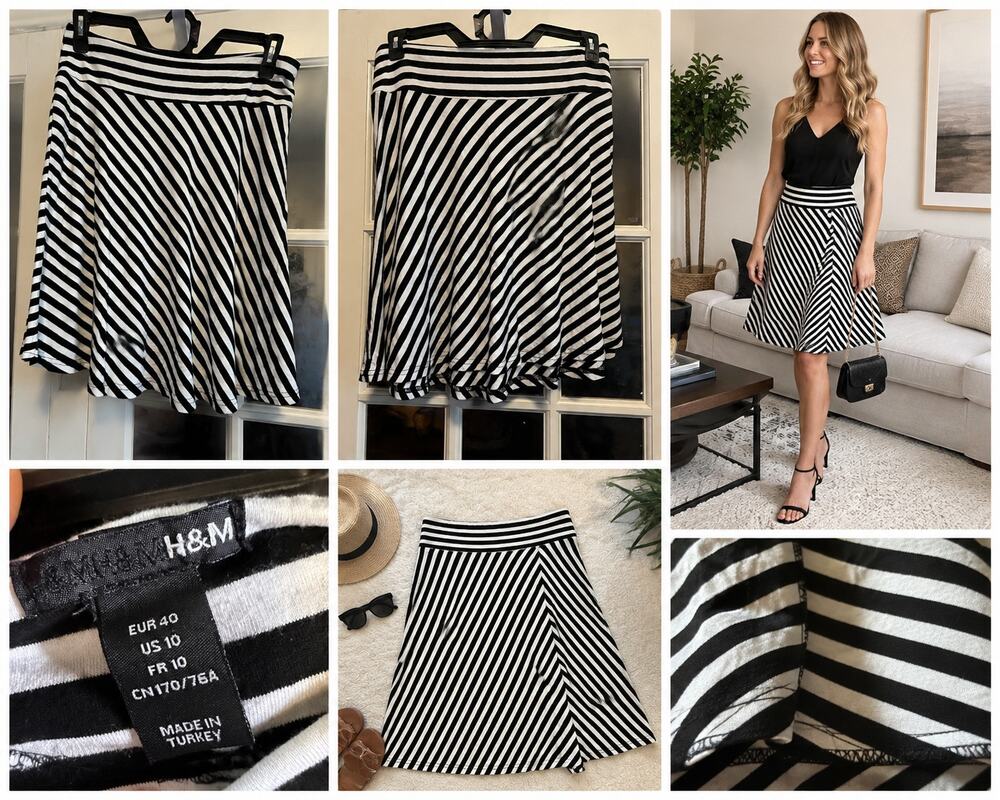 H&M Black & White Striped A-Line Skirt – Women's US 10 (EUR 40)